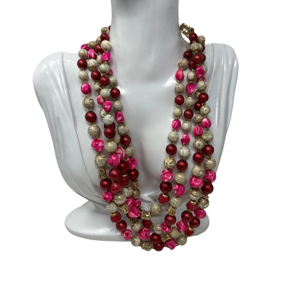 Vintage Multi Strand Necklace Pink Red White Beads Gold Tone Accents